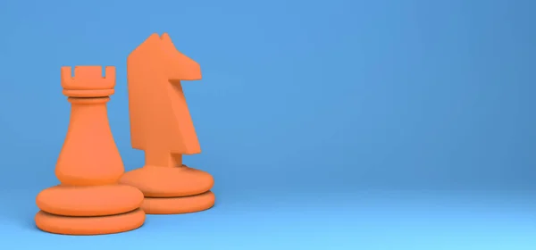 チェスの駒 青の背景にオレンジの馬と塔 3Dイラスト — ストック写真