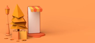 Çevrimiçi akıllı telefon ve çantalarla sonbahar alışverişi. Üç boyutlu illüstrasyon. Boşluğu kopyala.