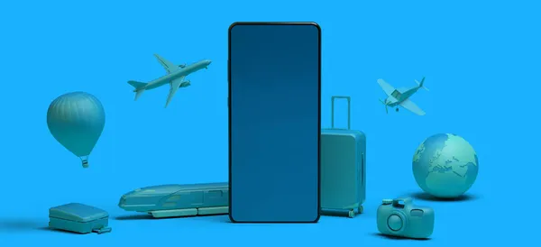 Travel Concept Smartphone Banner Plane Train Suitcase Camera Balloon Copy — Stock Photo, Image