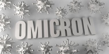Coronavirüs 'ün yeni Omicron versiyonu olan bir pankart. 3B illüstrasyon.