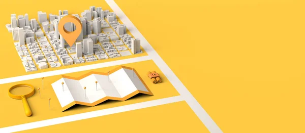 ロケーターマークと虫眼鏡と都市環境の位置の概念 3Dイラスト スペースのコピー — ストック写真