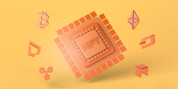 NFT kavramı. Kripto sanatı ve kripto para birimi sembolleri için mikroçipte ödenebilir olmayan jeton. Uzayı kopyala Üç boyutlu illüstrasyon. Uzayı kopyala 3B illüstrasyon.