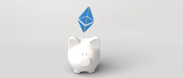 Symbol Ethereum Cryptocurrency Entering Piggy Bank Cryptocurrency Savings Copy Space — Stock Fotó