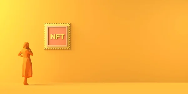 NFT 'nin ödenmez jetonu gibi görünen bir kadın. Kripto sanat galerisi. Uzayı kopyala 3B illüstrasyon.