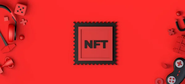 NFT oyun. Video oyununun karşılanamaz sembolü. Kripto oyunu. 3B illüstrasyon.