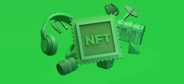 NFT oyun. Video oyununun karşılanamaz sembolü. Kripto oyunu. 3B illüstrasyon.