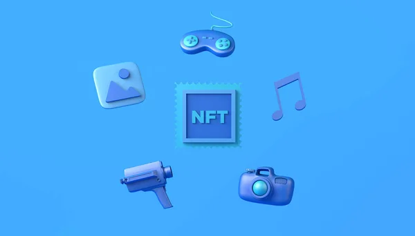 NFT 'nin parası ödenmez simgesi resimler, videolar, müzik ve oyun ile çevrili. Kripto sanatı. Uzayı kopyala 3B illüstrasyon.