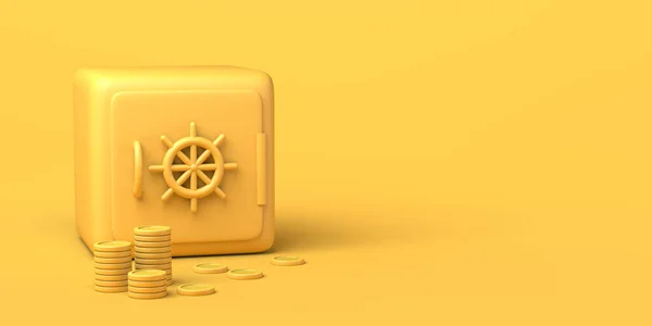 闭锁保险柜外面的硬币黄色背景 银行担保 复制空间 3D插图 — 图库照片
