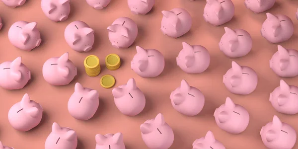 Many Piggy Banks Looking Coins Copy Space Illustration — стоковое фото