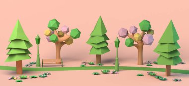 Park on a spring day with flowers blooming. Copy space. 3D illustration.