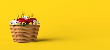Wicker basket with spring flowers on yellow background. Copy space. 3D illustration.