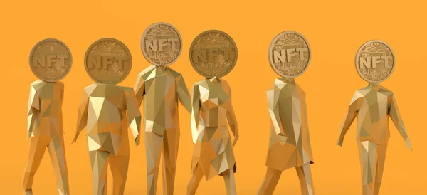 People with NFT instead of head. Non fungible token concept of crypto art on the blockchain. Copy space. 3D illustration.