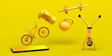 Ağırlık, bisiklet ve boks eldivenli akıllı telefonun yanında spor yapan bir iş adamı. Uzayı kopyala Üç boyutlu illüstrasyon. Çizgi film.