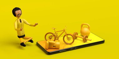 Ağırlık, bisiklet ve boks eldivenli akıllı telefonun yanında yoga yapan bir işadamı. Uzayı kopyala Üç boyutlu illüstrasyon. Çizgi film.