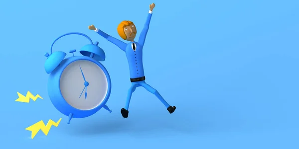 Businessman Jumping Next Ringing Alarm Clock Copy Space Illustration Cartoon — Stock Photo, Image