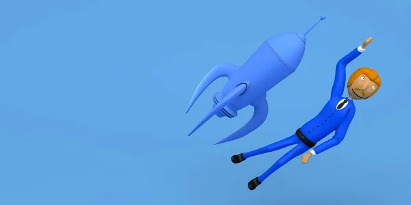 Pengusaha Terbang Samping Roket Salin Ruang Ilustrasi Kartun — Stok Foto