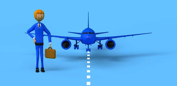 Businessman Next Airplane Business Trip Copy Space Illustration Cartoon — Stock Photo, Image