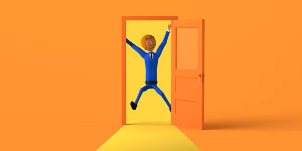 Бизнесмен Прыгает Открытую Дверь Продвижение Успех Работе Принято Иллюстрация Мультфильм — стоковое фото