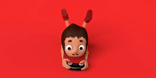 Gyermek Játékos Játszik Videojáték Konzol Feküdt Földön Másold Helyet Illusztráció — Stock Fotó
