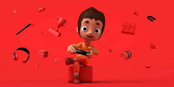 Gracz Dziecięcy Grający Konsolę Gier Wideo Słuchawkami Klatkami Piersiowymi Nagrodami — Zdjęcie stockowe
