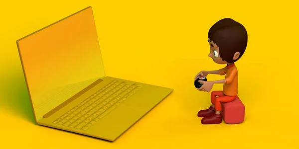 Criança Gamer Jogar Videogame Frente Laptop Espaço Para Cópia Ilustração — Fotografia de Stock