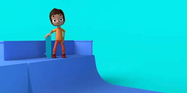 スケートボードとスケートパークでスケートボードを練習少年 コピースペース 3Dイラスト — ストック写真