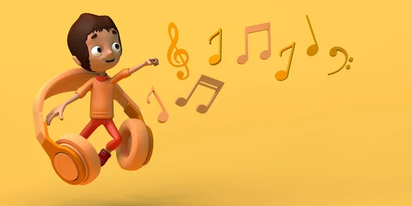 Niño Saltando Junto Auriculares Notas Musicales Concepto Musical Copiar Espacio — Foto de Stock