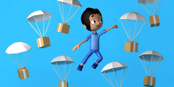 Kind Vliegt Naast Parachute Met Kraamdozen Begrepen Ruimte Illustratie Cartoon — Stockfoto