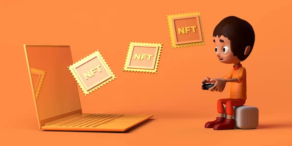 Дитячий Геймер Грає Відеогру Ноутбуком Який Отримує Негнучкі Токени Nft — стокове фото