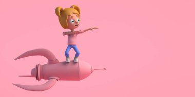 Roketin üstünde uçan bir kız. Uzayı kopyala Üç boyutlu illüstrasyon. Çizgi film.