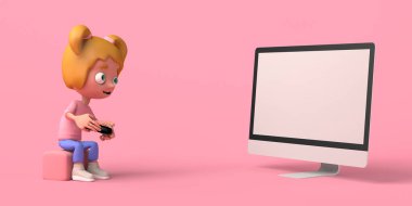 Kız oyuncu bilgisayar önünde video oyunu oynuyor. Uzayı kopyala Üç boyutlu illüstrasyon. Çizgi film.