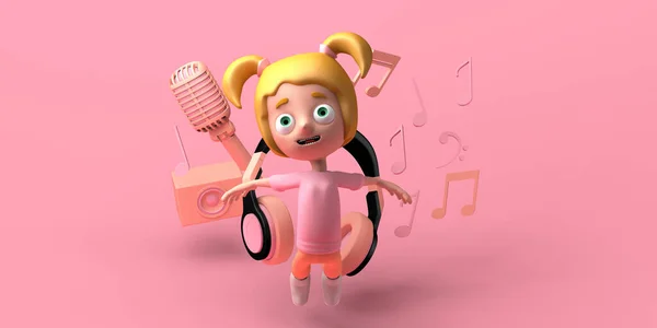 女孩跳到耳机 音乐笔记和话筒旁边 音乐概念 复制空间 3D插图 — 图库照片