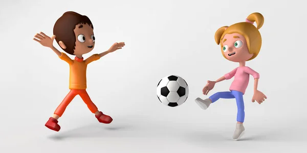 Una Chica Pateando Una Pelota Fútbol Chico Saltando Lado Copiar — Foto de Stock