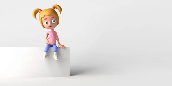 Κορίτσι Κάθεται Στον Τοίχο Λευκό Φόντο Αντιγραφή Χώρου Απεικόνιση Γελοιογραφία — Φωτογραφία Αρχείου