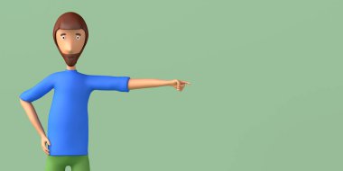 Adam fotokopi alanını işaret ediyor. Üç boyutlu illüstrasyon. Çizgi film.