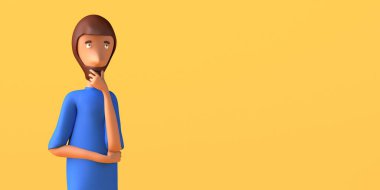 Sarı arka planda elleri ağızlarında düşünen bir adamın karikatürü. Uzayı kopyala Üç boyutlu illüstrasyon. Çizgi film.