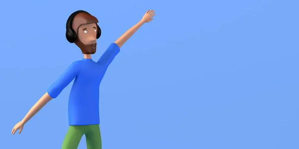 Porträt Eines Springenden Mannes Der Mit Kopfhörern Auf Blauem Hintergrund — Stockfoto