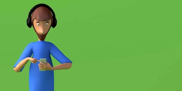 Man Using Smartphone Headphones Green Background Copy Space Illustration Cartoon — Stock Photo, Image