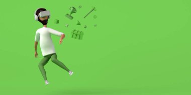 Çevrimiçi oyunların unsurlarıyla yeşil arka planda sanal gerçeklik kulaklığıyla oynayan adam. Uzayı kopyala Üç boyutlu illüstrasyon. Çizgi film.