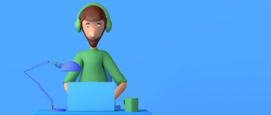 Dizüstü bilgisayarla çalışan bir adam. Serbest çalışıyorum. Telesekreter çıkıyor. Uzayı kopyala Üç boyutlu illüstrasyon. Çizgi film.