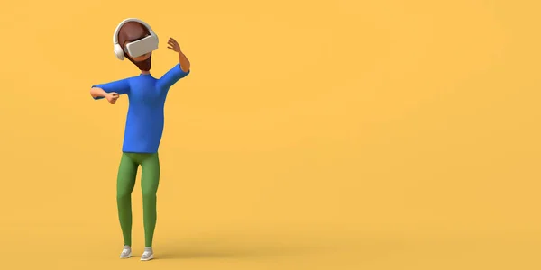 黄色の背景に仮想現実ヘッドセットを使用して男 コピースペース 3Dイラスト — ストック写真