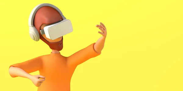 Portrait Man Using Virtual Reality Headset Yellow Background Copy Space — Stock Photo, Image
