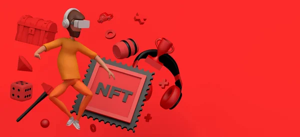 Adam sanal gerçeklik kulaklığı kullanarak yüzüyor ve geri ödemesiz jetonlar alıyor, video oyununda NFT. Uzayı kopyala Üç boyutlu illüstrasyon. Çizgi film.