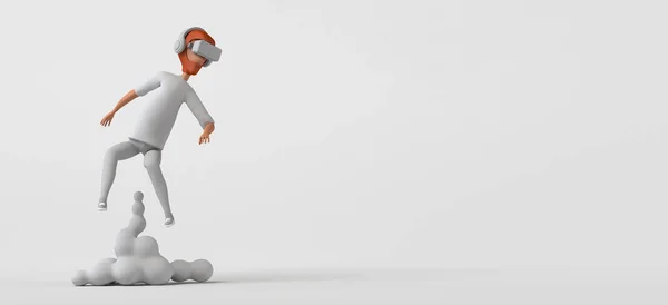 白い背景に仮想現実のヘッドセットを使用して離陸男 コピースペース 3Dイラスト — ストック写真