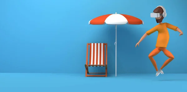 Człowiek Pływający Przy Użyciu Gogli Wirtualnej Rzeczywistości Parasolem Plażowym Krzesłem — Zdjęcie stockowe