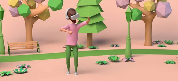 Uomo Che Utilizza Cuffie Realtà Virtuale Parco Virtuale Ricevuto Illustrazione — Foto Stock