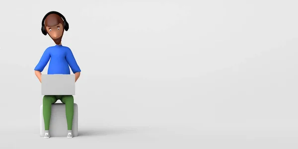 Человек Работающий Ноутбуком Белом Фоне Фрилансер Принято Иллюстрация Мультфильм — стоковое фото