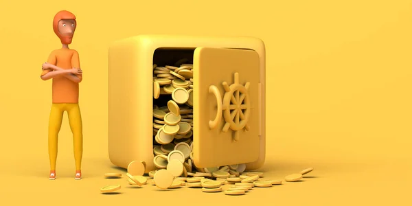 一个手挽手的人走到一个装有钱的保险箱旁边 财政担保 复制空间 3D插图 — 图库照片