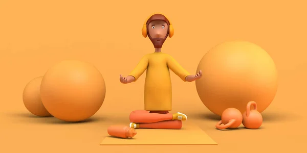 Uomo Che Pratica Yoga Con Cuffie Stuoia Ricevuto Illustrazione Cartone — Foto Stock