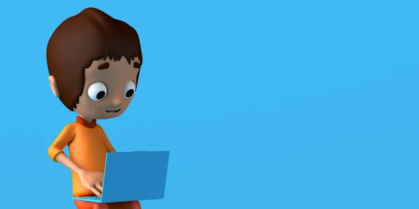 Portrait Boy Working Laptop Freelance Concept Copy Space Illustration Cartoon — Stock Photo, Image